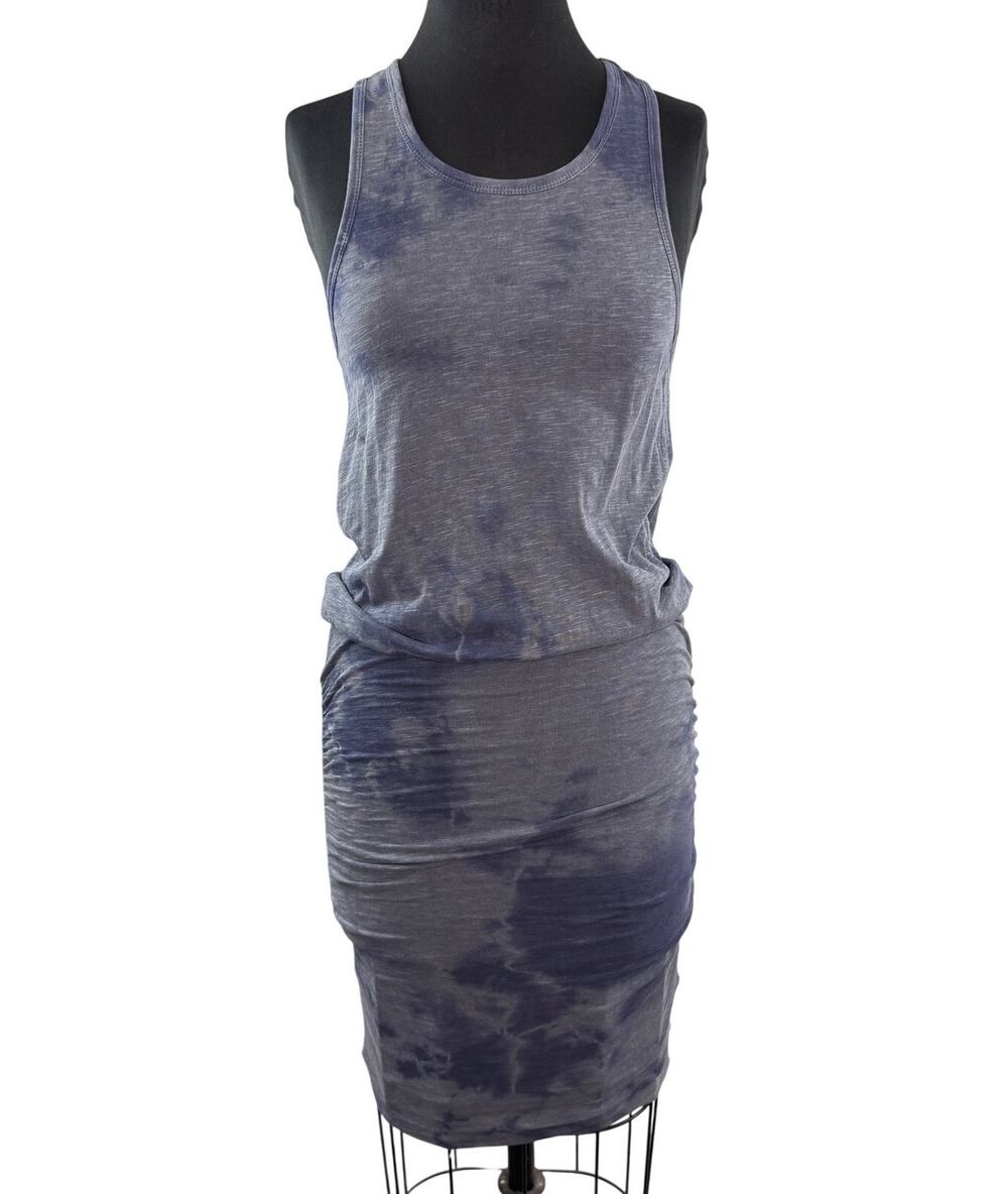 SUNDRY Gray Blue Tank Dress Cotton Stretch Ruched Tie-Dye Racerback Sz 1 NWOT